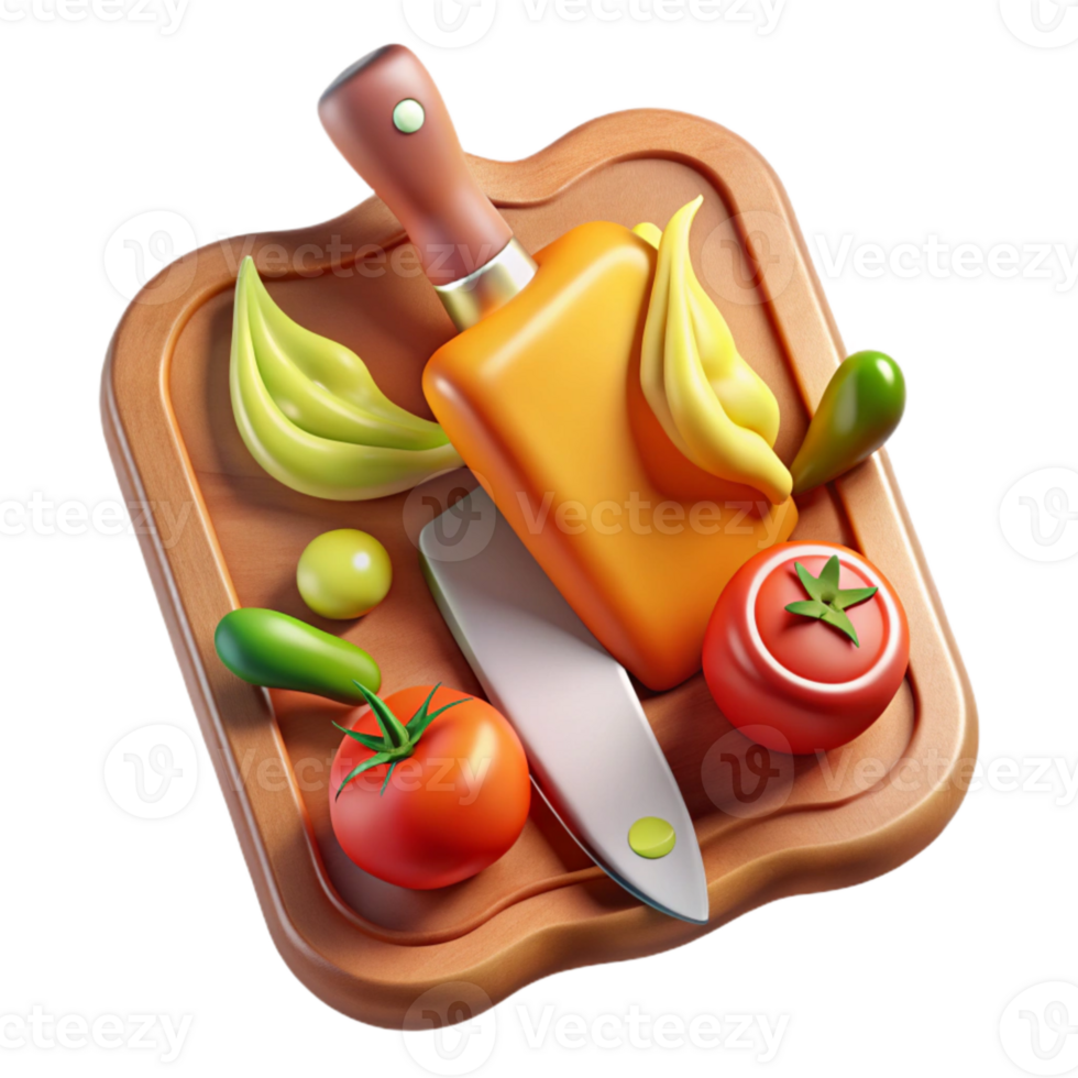 serene minimalist Cutting Board with Knife and Vegetables Cutout for Cooking Shows professional png