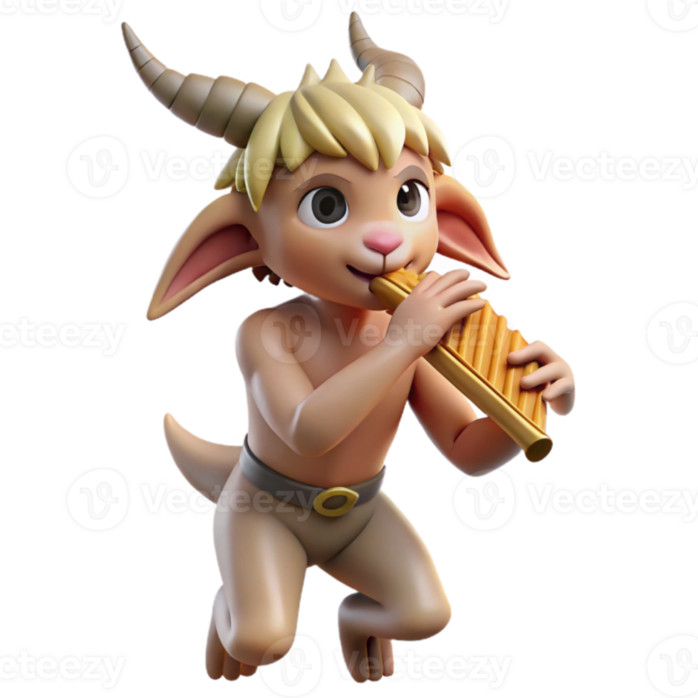 magnificent traditional A playful satyr with goat legs and a mischievous grin, playing a pan flute, in a sun-drenched forest. Classical mythology style, warm lighting authentic png