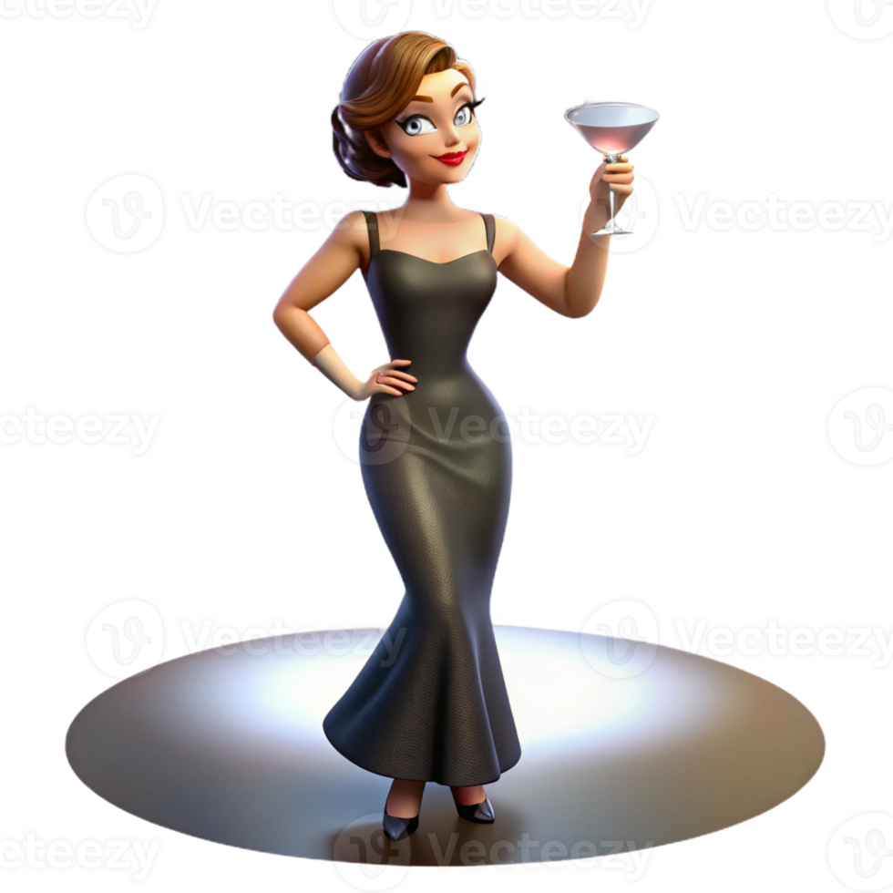 wonderful classic A femme fatale in a slinky dress, holding a cocktail glass, illuminated by a single spotlight, glamorous noir style high quality png
