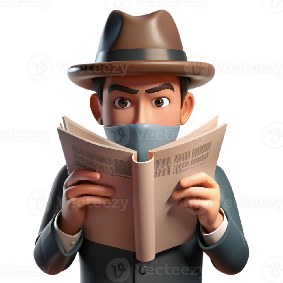 extraordinary minimalist A man in a fedora hiding his face with a newspaper, only his eyes visible, mysterious noir style authentic png