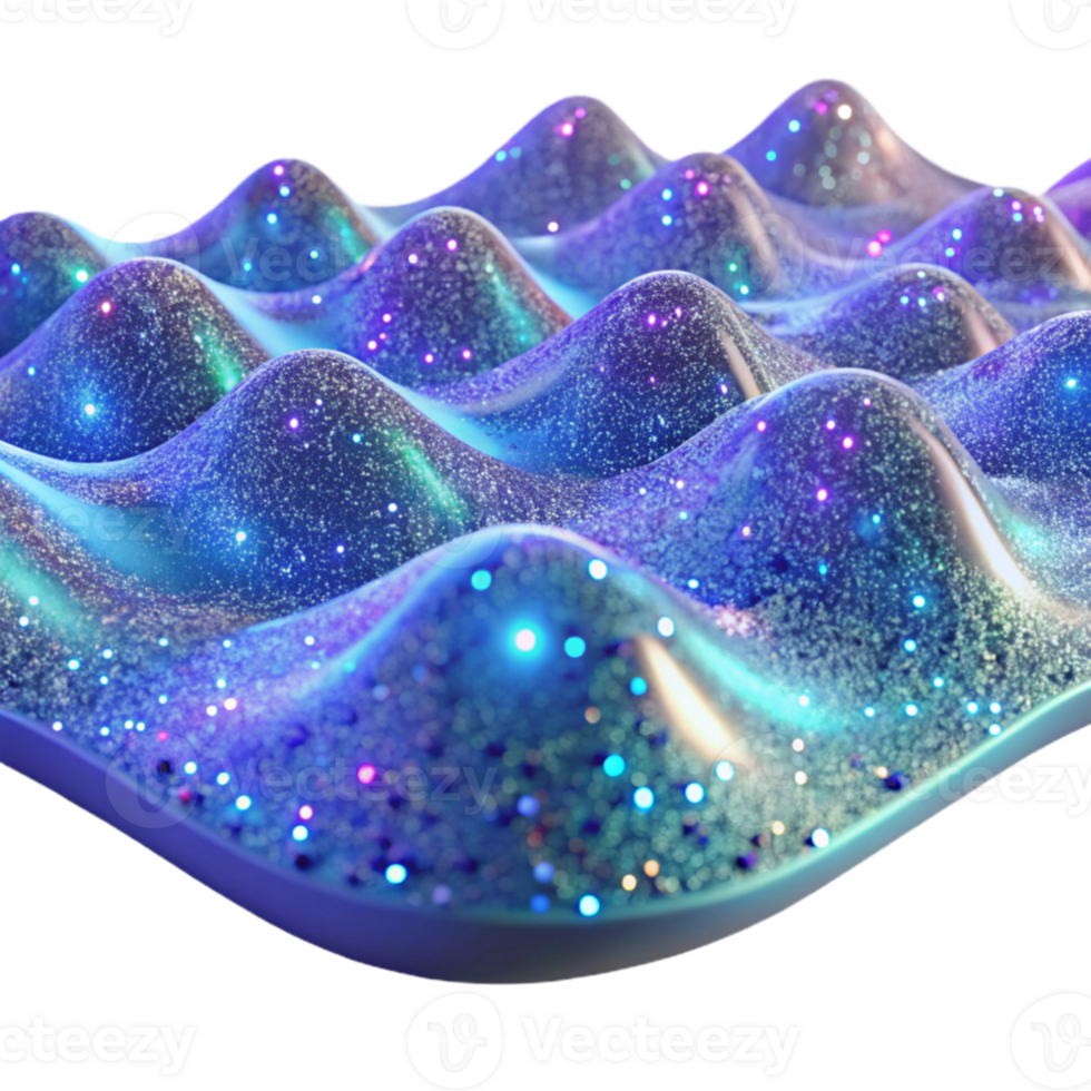 elegant minimalist A field of shimmering, holographic particles, forming a wave-like pattern, illuminated by a cool, neon light, with a futuristic, sci-fi aesthetic high resolution png