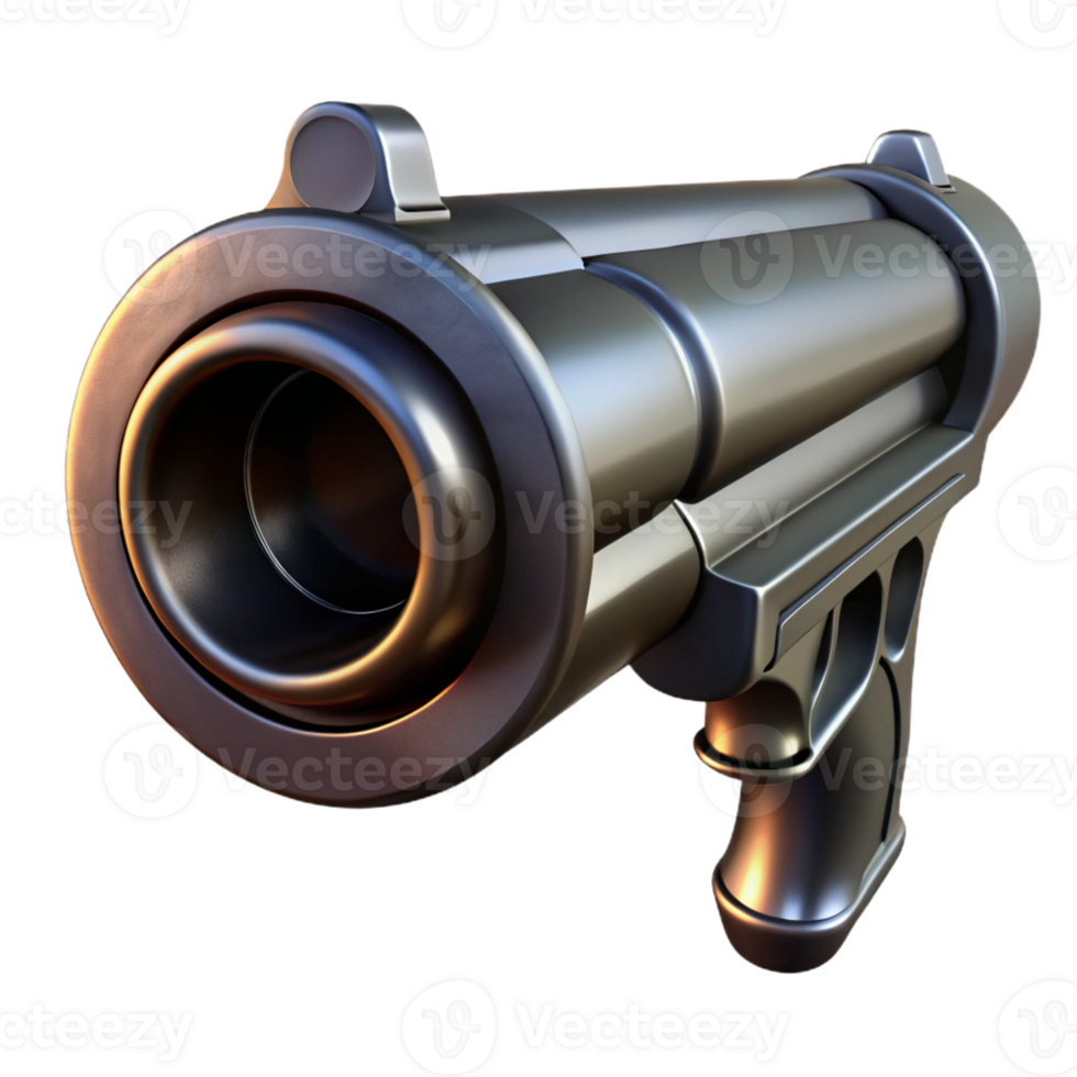 extraordinary creative A close-up of a gun barrel, reflecting a distorted image, menacing noir style detailed png