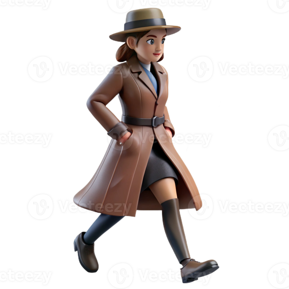 magnificent minimalist A woman in a trench coat and fedora, walking down a rain-soaked street, classic noir style high quality png