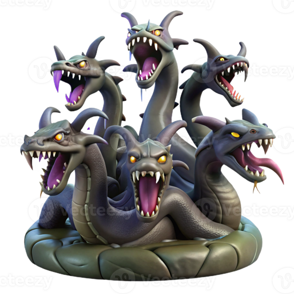 vibrant contemporary A menacing hydra with nine snarling heads, rising from a murky swamp, lit by flashes of lightning. Gothic style high resolution png