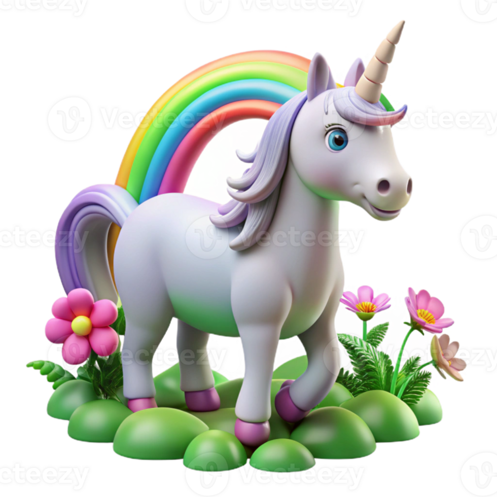 elegant artistic A benevolent unicorn with a spiraling silver horn, grazing in a field of vibrant wildflowers under a rainbow. Children's book illustration style authentic png