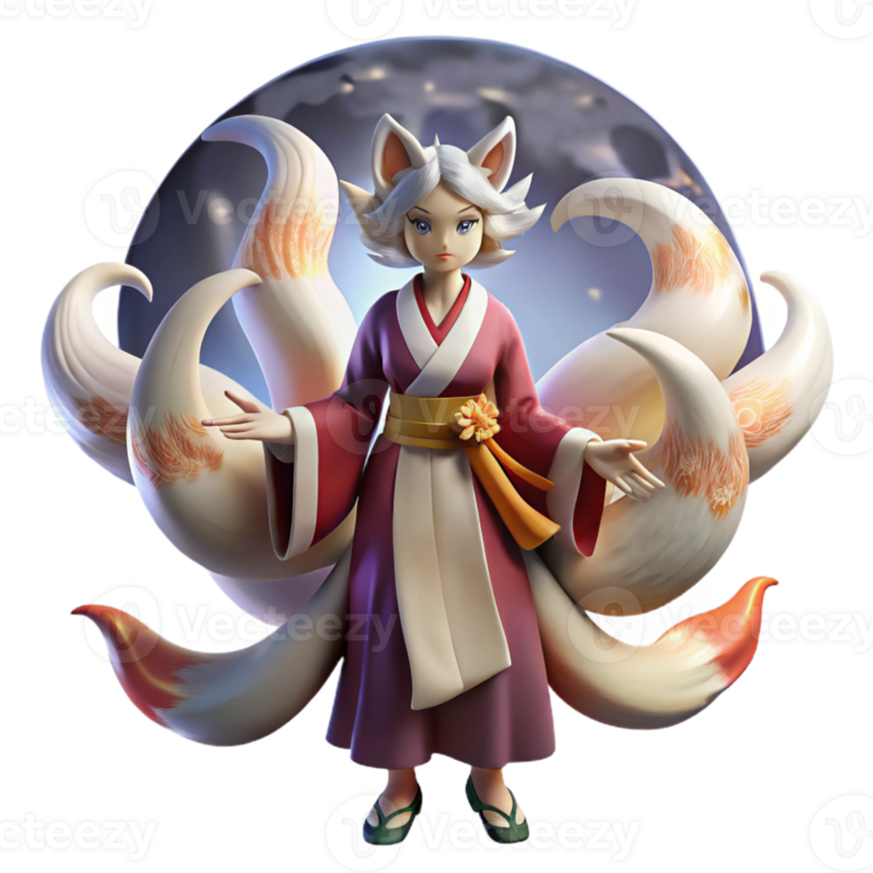 vibrant minimalist A cunning kitsune with nine flowing tails, transforming into a beautiful woman under the light of a full moon. Ukiyo-e style professional png