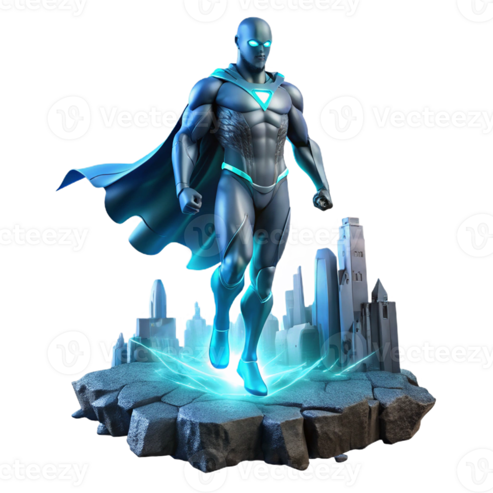 wonderful creative A stoic, bioluminescent superhero with glowing cyan veins, hovering above a crumbling city, lit by a dramatic, low-angle, cool blue spotlight, in a gritty, realistic style premium png