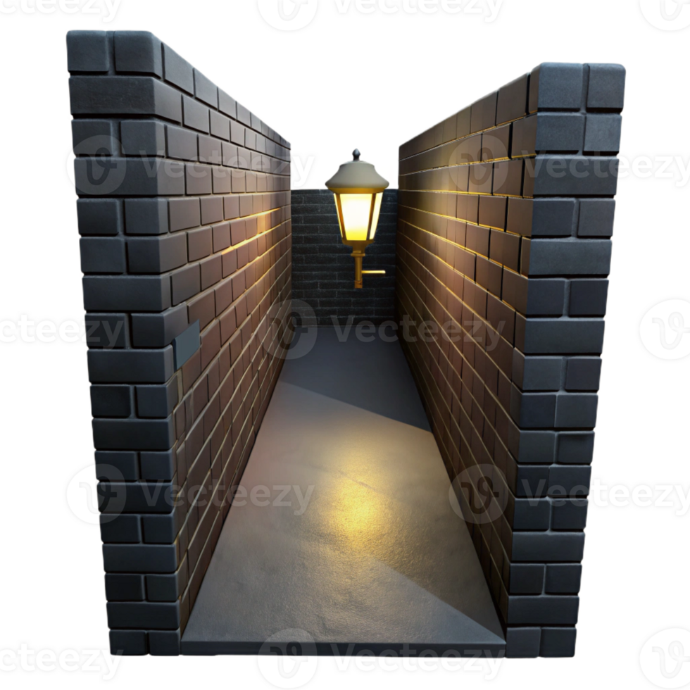 dramatic contemporary A dark alleyway with a single lightbulb illuminating a brick wall, gritty noir style detailed png