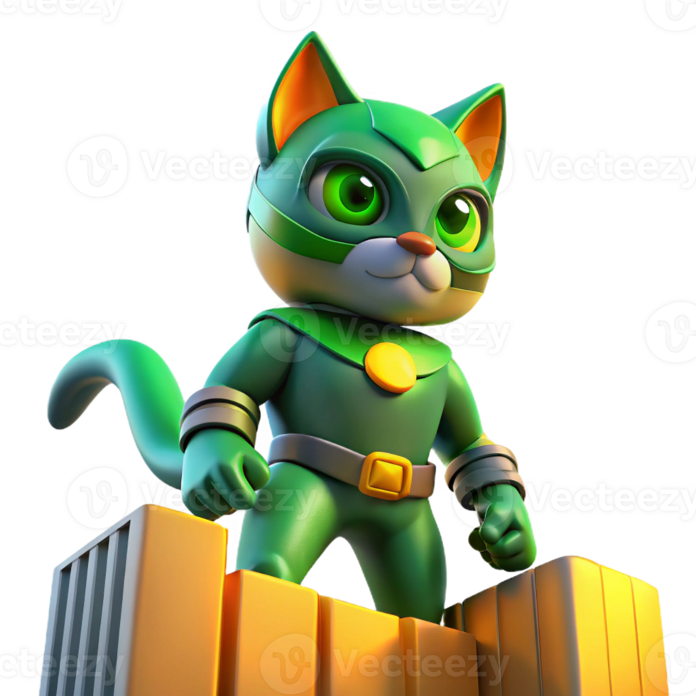 beautiful rustic A feline-inspired superhero with emerald green fur and amber eyes, perched atop a skyscraper, illuminated by a warm sunset glow, in a vibrant, comic book style high quality png
