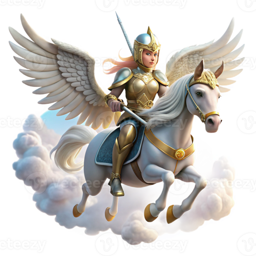 magnificent rustic An ethereal Valkyrie with winged helmet and shining armor, riding a winged horse through a cloudy sky. Viking art style authentic png