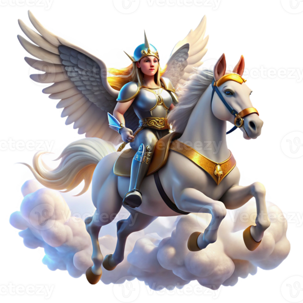 beautiful rustic An ethereal Valkyrie with winged helmet and shining armor, riding a winged horse through a cloudy sky. Viking art style high resolution png
