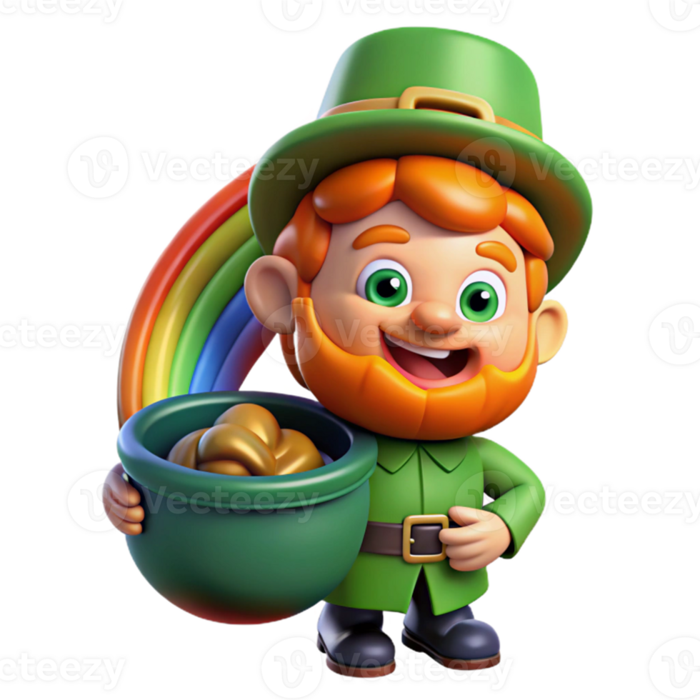 magnificent contemporary A mischievous leprechaun with a pot of gold, hiding at the end of a rainbow in a lush green field. Cartoon style 4K png