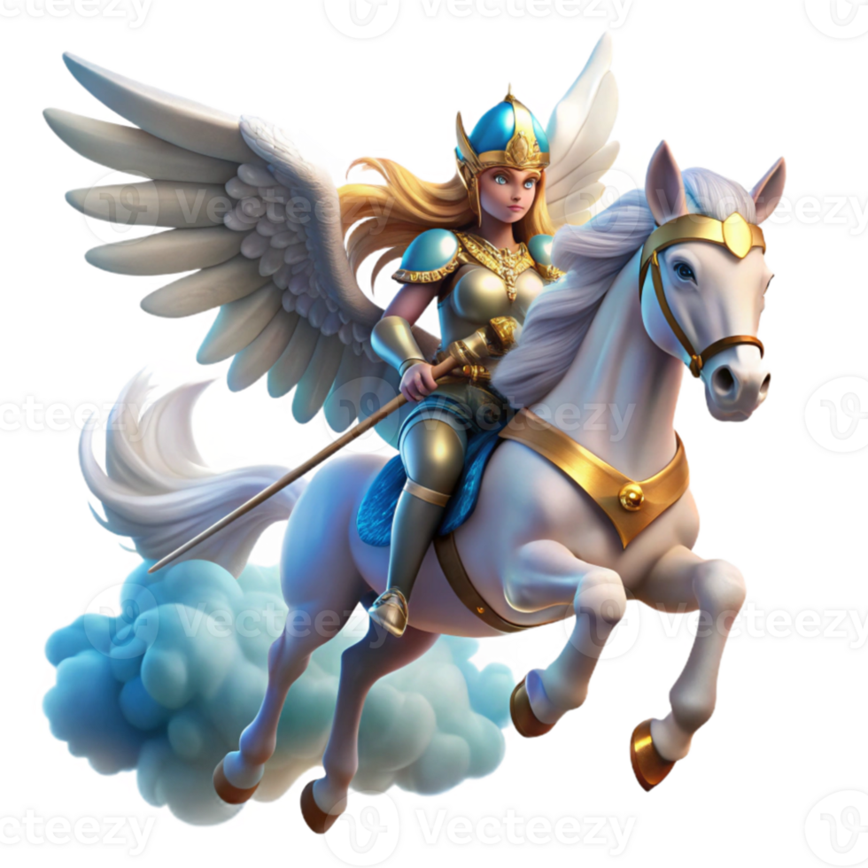 magnificent traditional An ethereal Valkyrie with winged helmet and shining armor, riding a winged horse through a cloudy sky. Viking art style premium png