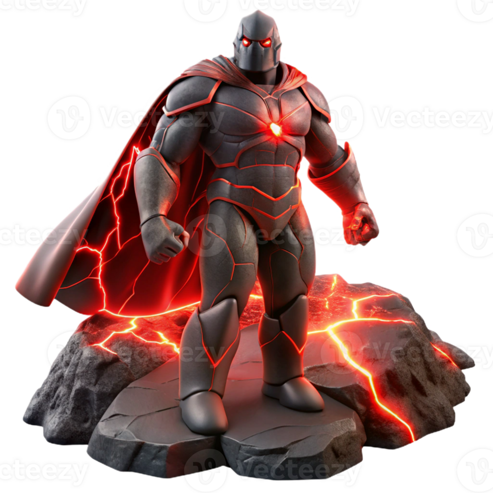 impressive minimalist A towering, rock-like superhero with glowing red fissures, standing amidst a dust storm, lit by flickering lightning, in a dark fantasy art style exclusive png
