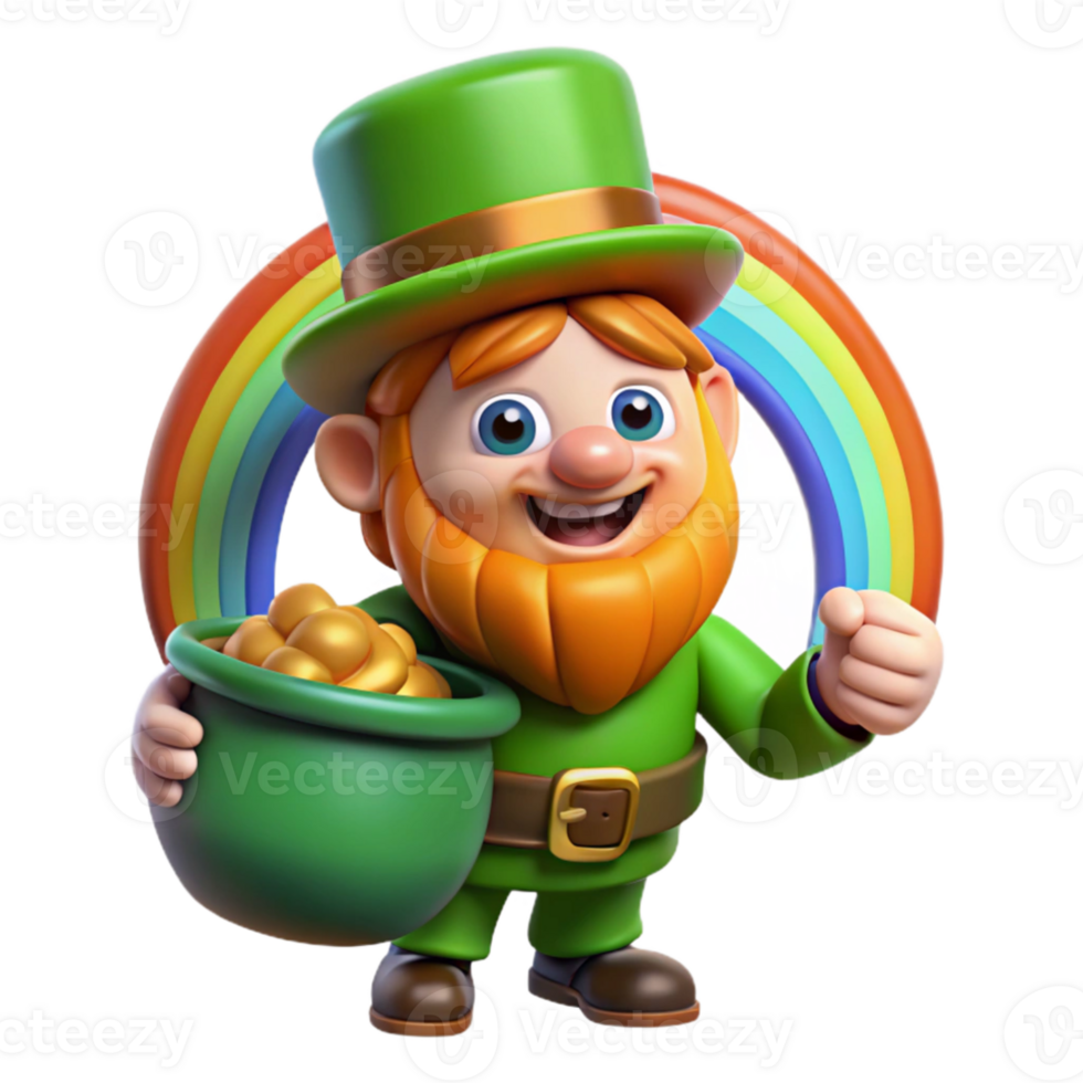 serene creative A mischievous leprechaun with a pot of gold, hiding at the end of a rainbow in a lush green field. Cartoon style original png