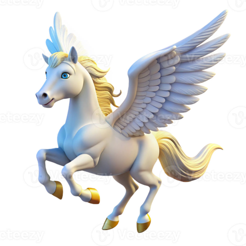 elegant minimalist A noble pegasus with wings of pure white, soaring through a clear blue sky, illuminated by the sun. Classical style genuine png
