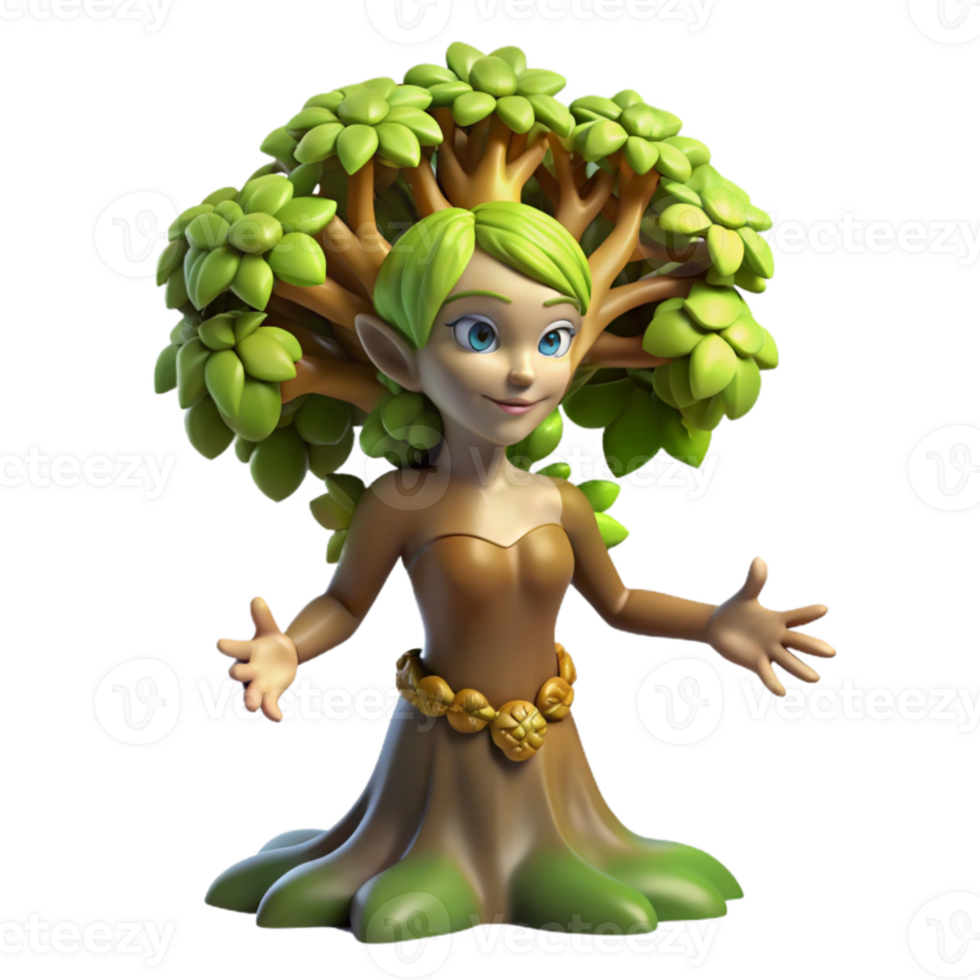 extraordinary artistic A serene dryad merging with a giant oak tree, bathed in the dappled sunlight of a forest clearing. Fantasy art style detailed png
