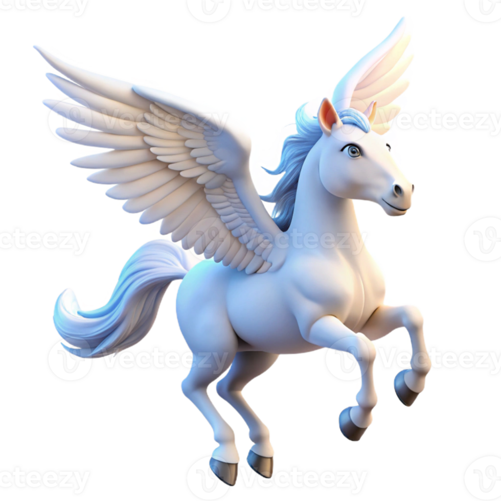 magnificent vintage A noble pegasus with wings of pure white, soaring through a clear blue sky, illuminated by the sun. Classical style high quality png