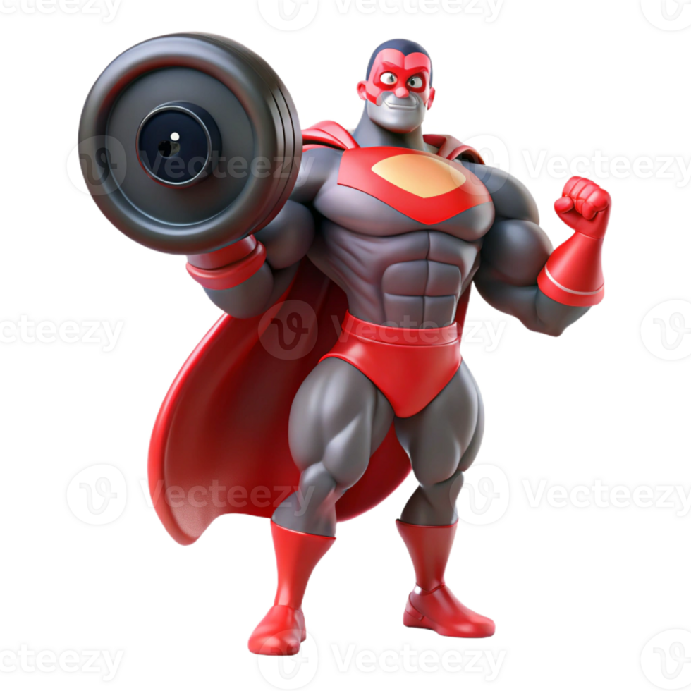 elegant contemporary A super-strong superhero with rippling muscles and glowing red eyes, lifting a massive weight, bathed in a harsh, white light, in a dynamic, comic book style authentic png