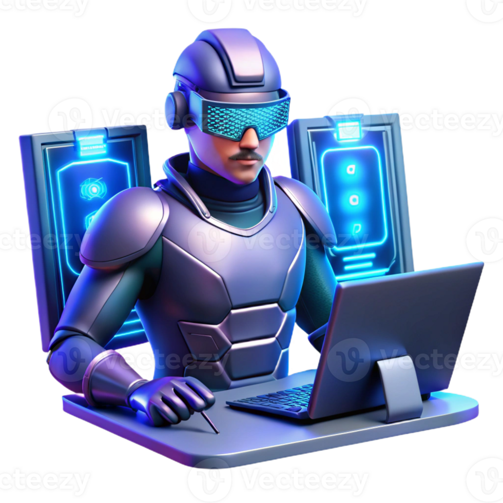 elegant artistic A tech-based superhero with holographic displays and advanced weaponry, hacking into a system, bathed in the glow of computer screens, in a cyberpunk, gritty style high resolution png