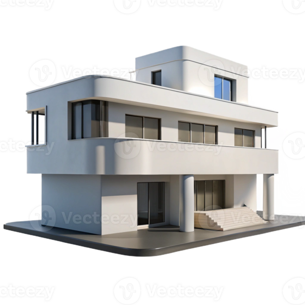 elegant classic Modernist villa, white concrete, minimalist design, sharp shadows, midday sun, bauhaus style, 8k, realistic render, authentic png