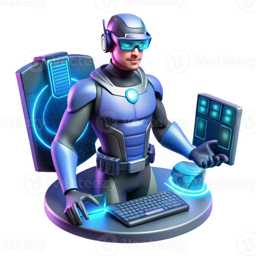 impressive modern A tech-based superhero with holographic displays and advanced weaponry, hacking into a system, bathed in the glow of computer screens, in a cyberpunk, gritty style detailed png