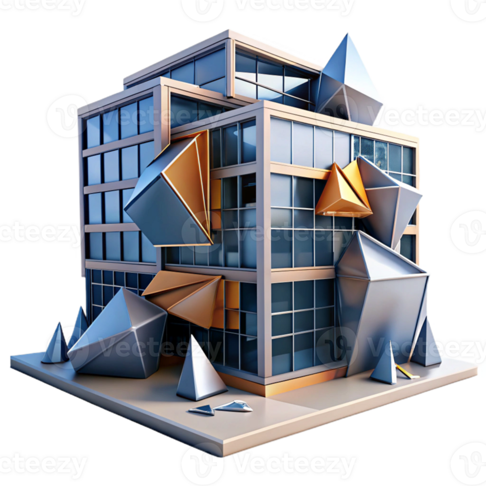 serene modern Deconstructivist office building, fragmented shapes, angular forms, dramatic lighting, abstract expressionism, 8k, detailed png