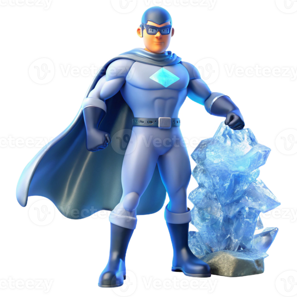 vibrant modern An ice-wielding superhero with frost covering their body, creating an ice sculpture, bathed in a cool, blue light, in a serene, wintery style original png