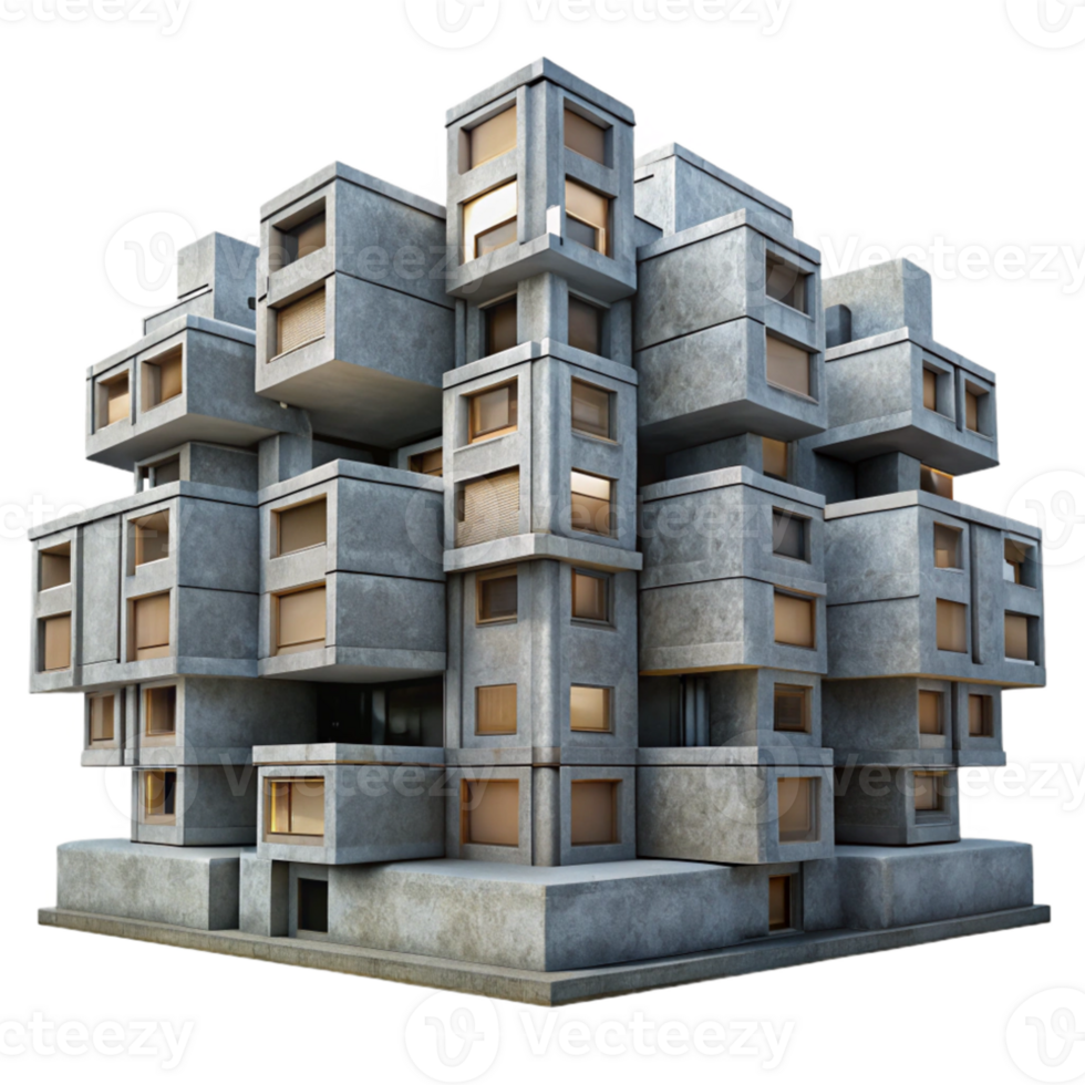 extraordinary abstract Brutalist concrete apartment complex, repetitive modular units, overcast sky, gritty realism, architectural photography, professional png