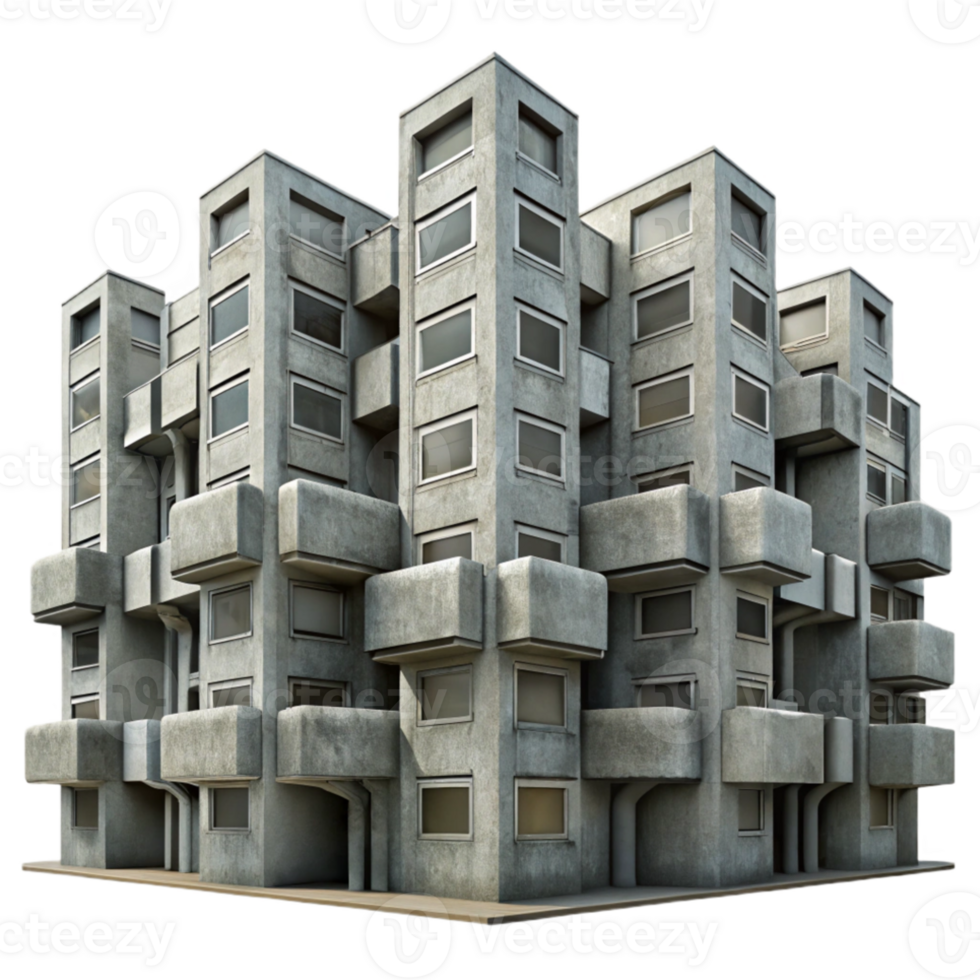 magnificent traditional Brutalist concrete apartment complex, repetitive modular units, overcast sky, gritty realism, architectural photography, detailed png