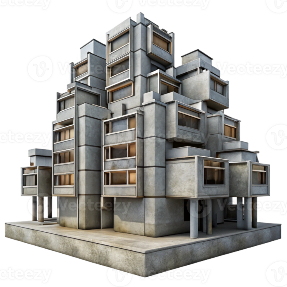 impressive abstract Brutalist concrete apartment complex, repetitive modular units, overcast sky, gritty realism, architectural photography, authentic png