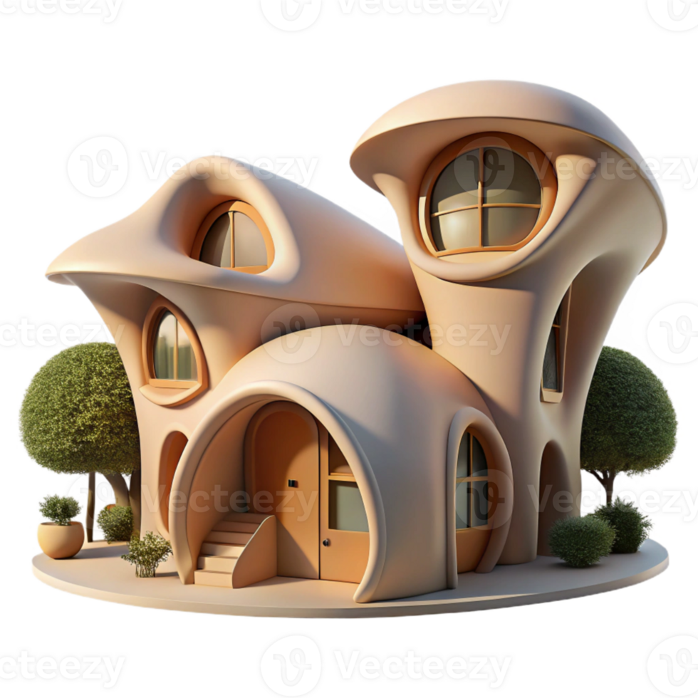 elegant vintage Organic architecture house, flowing curves, natural materials, dappled sunlight, art nouveau style, hyperrealistic render, professional png