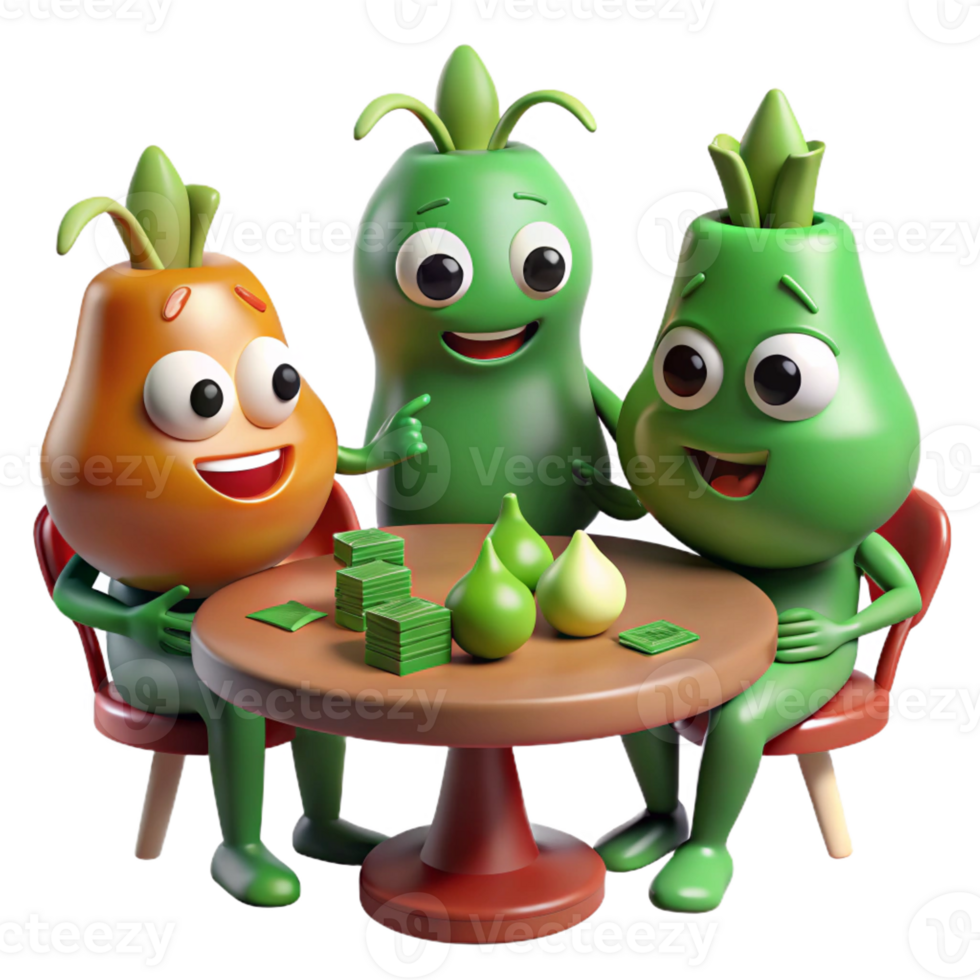 extraordinary minimalist A group of four anthropomorphic vegetables playing poker in a dimly lit saloon, illustrated in a Tex Avery style with exaggerated features authentic png