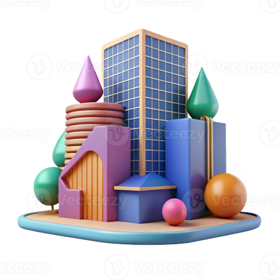 vibrant creative Postmodern skyscraper, colorful facade, playful geometric forms, Memphis style, 8k, digital illustration, original png