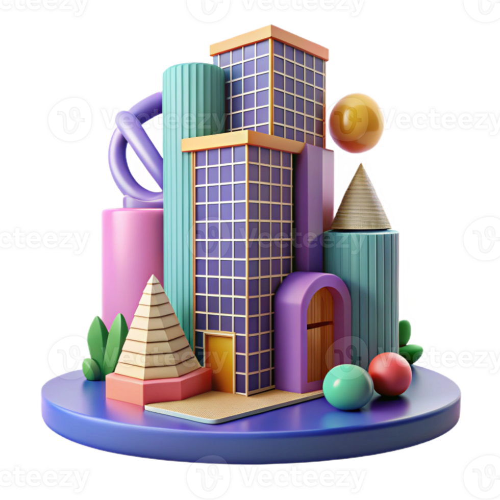 beautiful traditional Postmodern skyscraper, colorful facade, playful geometric forms, Memphis style, 8k, digital illustration, professional png