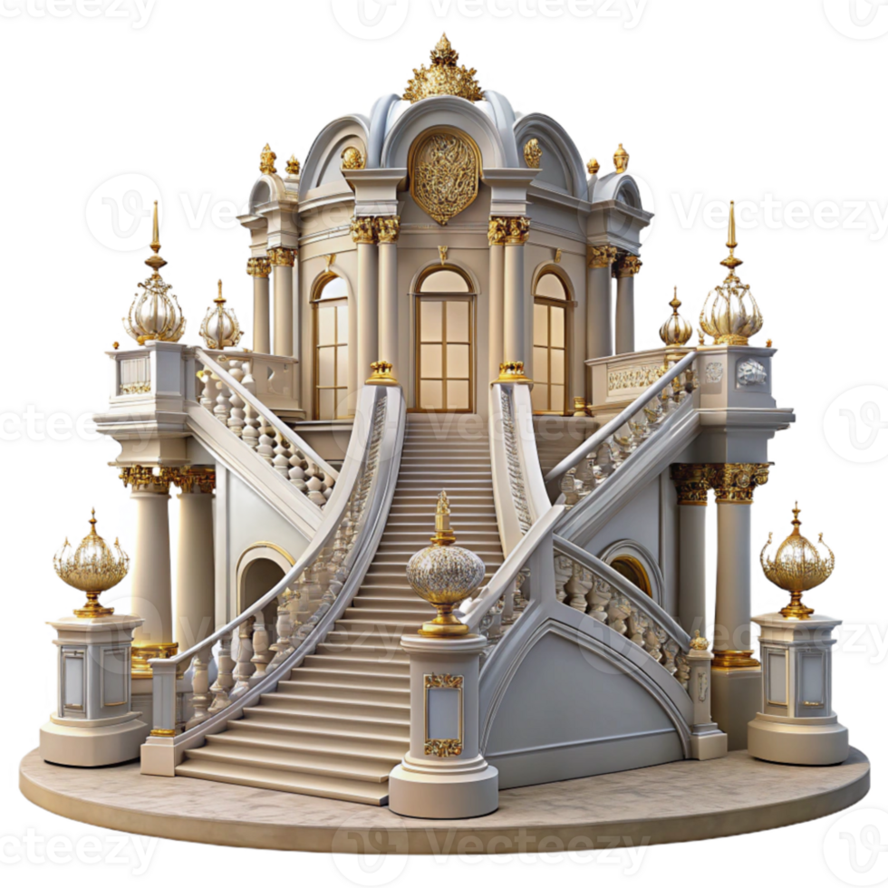 wonderful classic Baroque palace, grand staircase, gilded details, chandelier lighting, rococo style, photorealistic render, high quality png