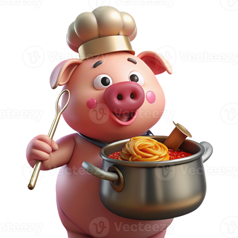 vibrant modern A plump, pink pig wearing a chef's hat and stirring a giant pot of spaghetti, spotlighted under dramatic, theatrical lighting, drawn in a Fleischer Studios cartoon style high resolution png