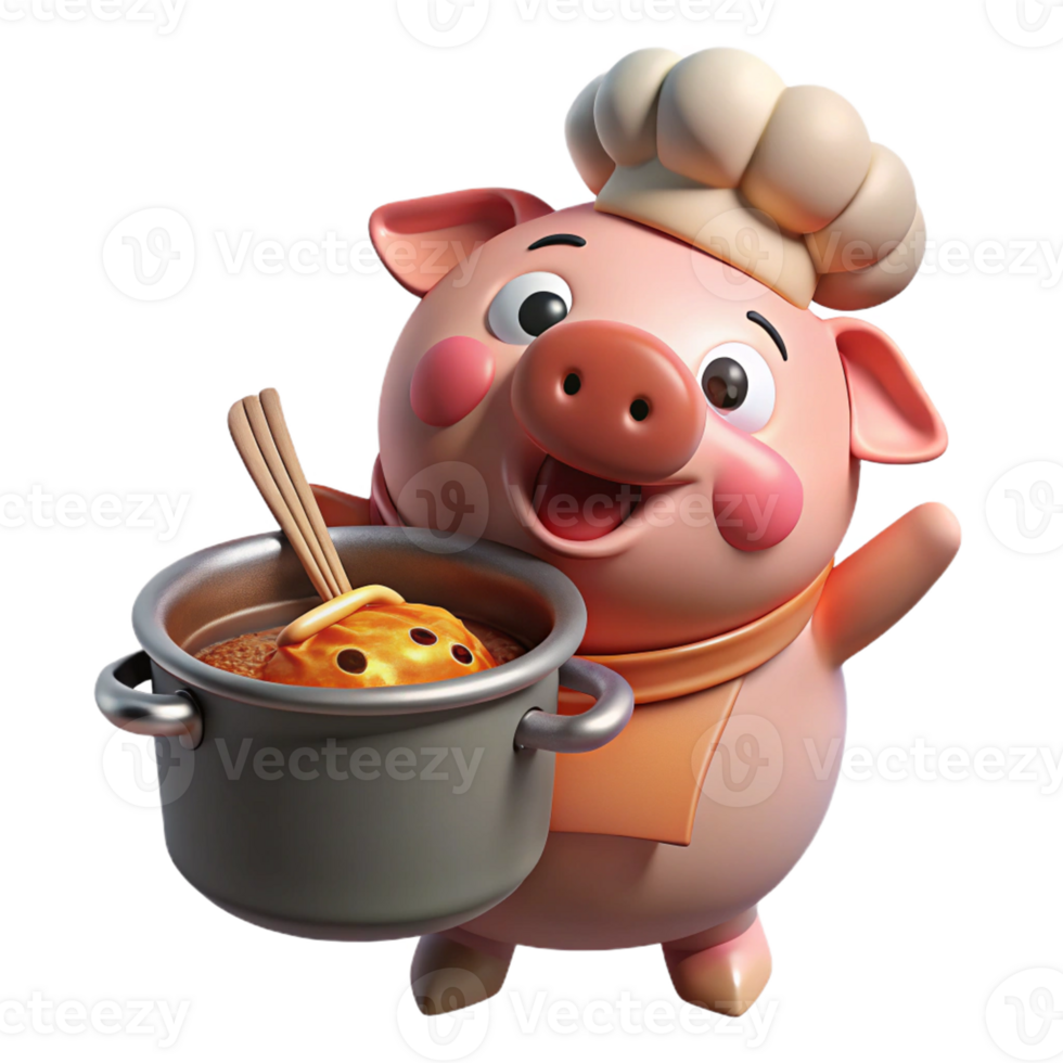 beautiful rustic A plump, pink pig wearing a chef's hat and stirring a giant pot of spaghetti, spotlighted under dramatic, theatrical lighting, drawn in a Fleischer Studios cartoon style authentic png
