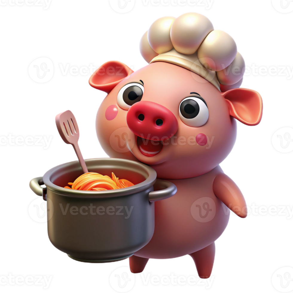 extraordinary minimalist A plump, pink pig wearing a chef's hat and stirring a giant pot of spaghetti, spotlighted under dramatic, theatrical lighting, drawn in a Fleischer Studios cartoon style 4K png