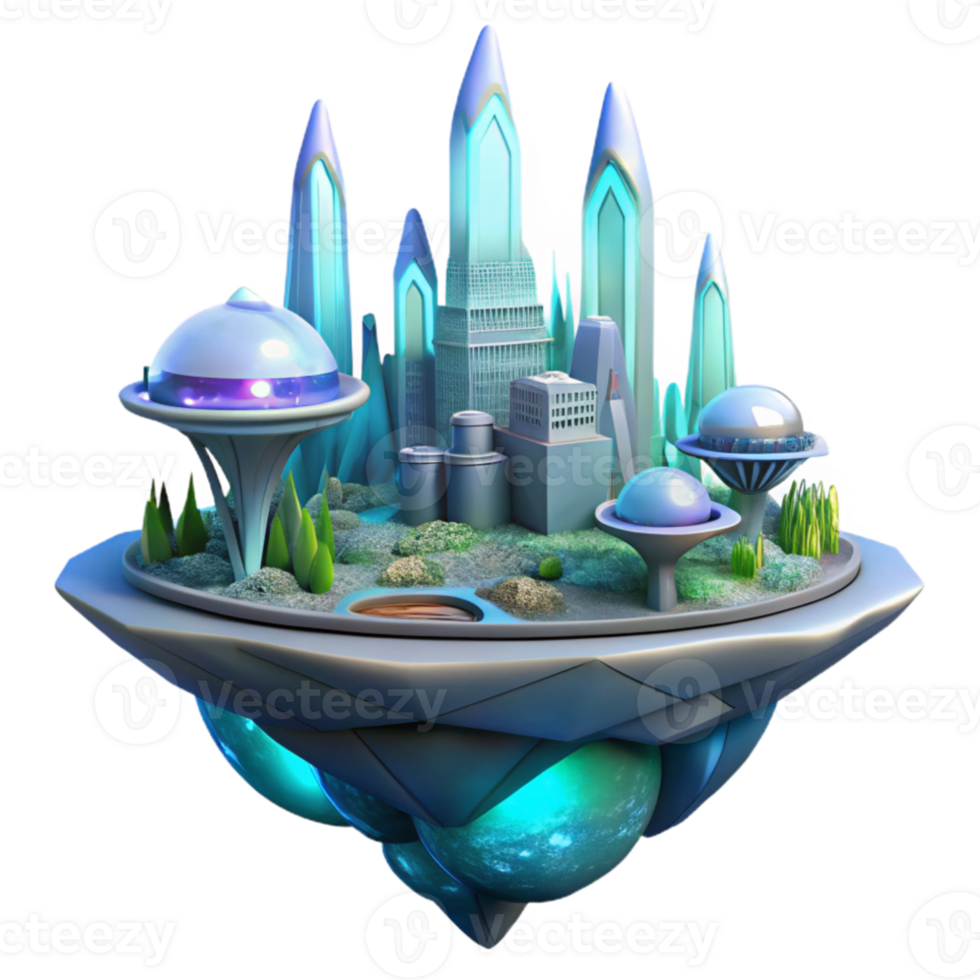 impressive classic Floating island city, futuristic architecture, bioluminescent plants, ethereal light, science fiction style, digital painting, authentic png
