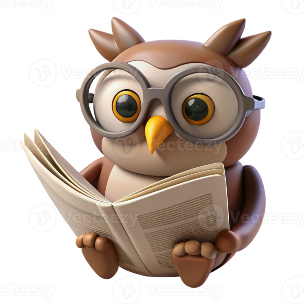 impressive artistic A wise old owl wearing spectacles and reading a newspaper perched on a branch, bathed in soft, morning light, illustrated in a Disney-esque style premium png