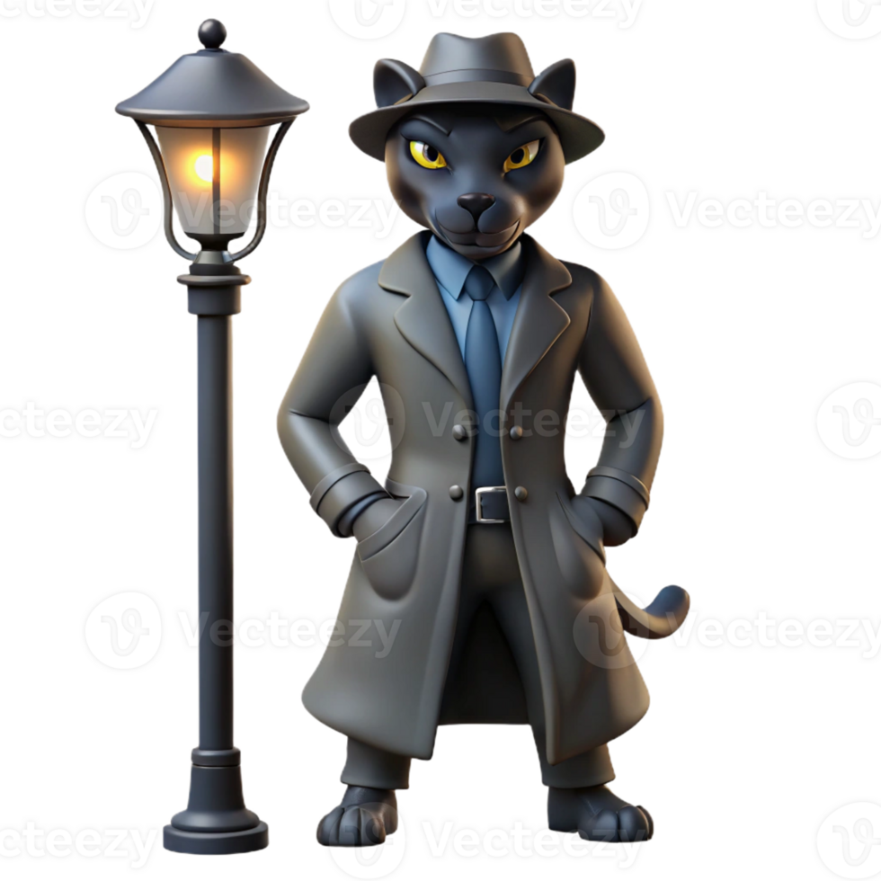magnificent classic A sleek, black panther wearing a detective's trench coat and hat, standing under a single streetlamp, rendered in a gritty, noir cartoon style exclusive png