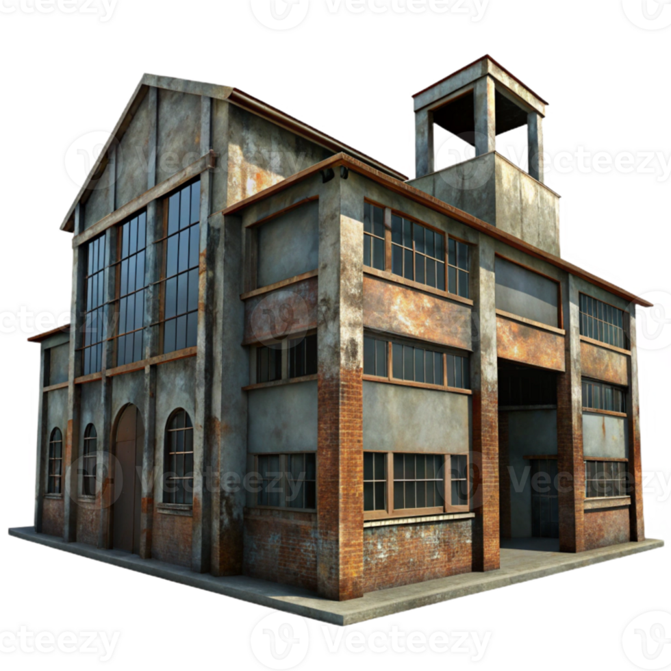 serene rustic Abandoned industrial building, rusting metal, broken windows, overcast daylight, urban decay style, photorealistic, authentic png