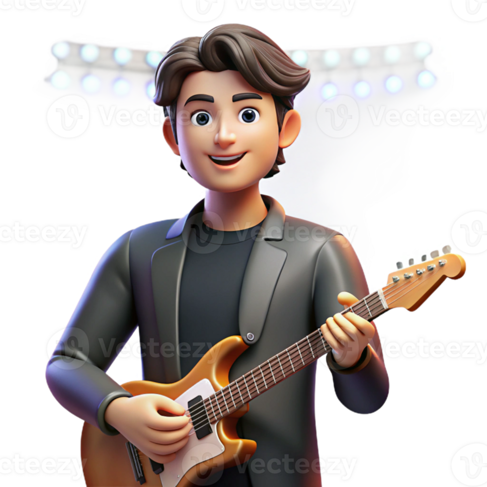 magnificent contemporary Portrait of a musician with a guitar, stage lighting, concert photography style professional png