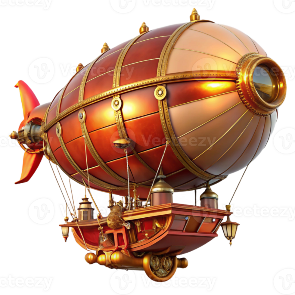 beautiful vintage A majestic steampunk airship, adorned with brass pipes, intricate clockwork gears, and billowing crimson sails, lit by a golden sunset glow genuine png