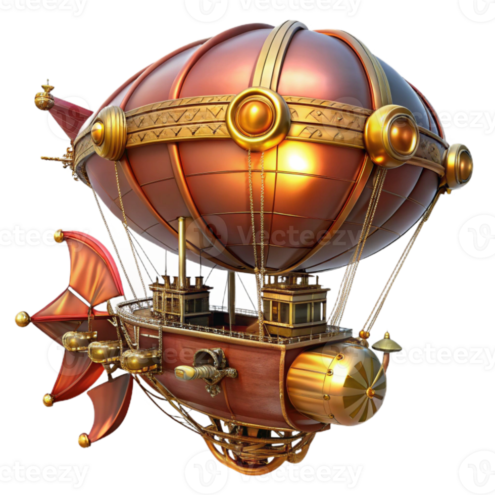 dramatic classic A majestic steampunk airship, adorned with brass pipes, intricate clockwork gears, and billowing crimson sails, lit by a golden sunset glow genuine png