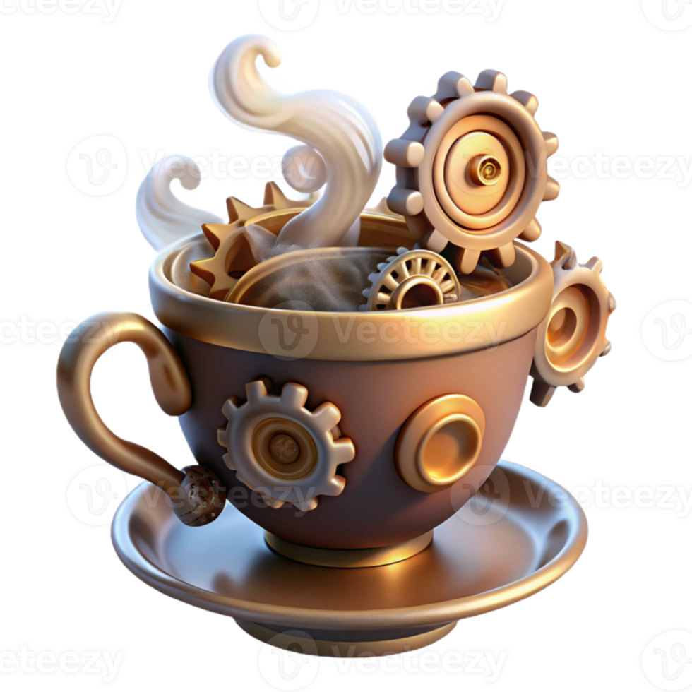 stunning creative A whimsical steampunk teacup, overflowing with gears and cogs, steam rising, lit by a soft, diffused light premium png