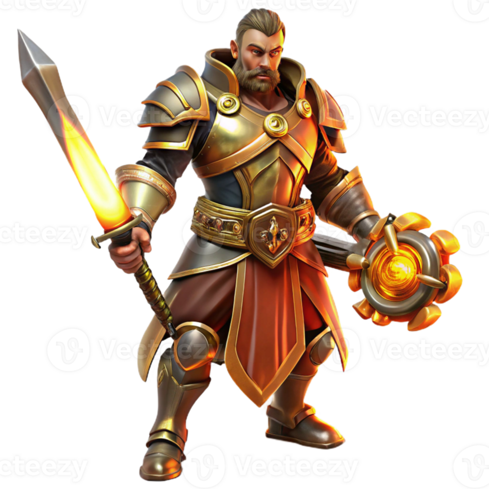 dramatic abstract A fierce steampunk warrior, clad in leather and brass armor, wielding a gear-powered sword, illuminated by a fiery backlight authentic png