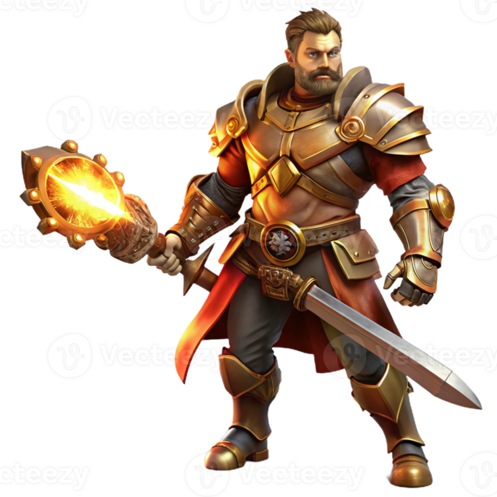 magnificent contemporary A fierce steampunk warrior, clad in leather and brass armor, wielding a gear-powered sword, illuminated by a fiery backlight high resolution png