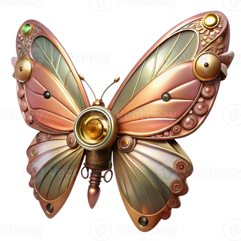 impressive rustic A delicate steampunk butterfly with metallic wings and clockwork gears for a body, lit by a soft, magical glow high resolution png